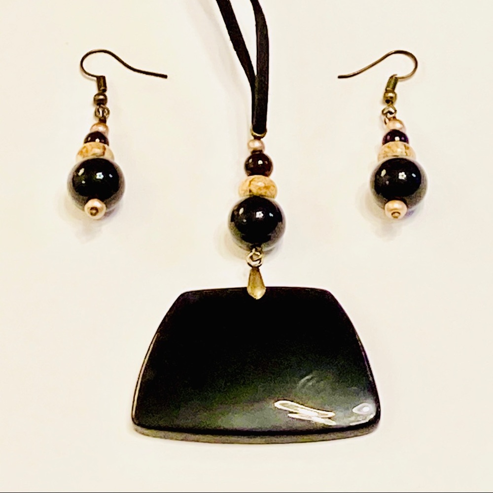 Unique BLACK AGATE Stone w/ Tan Picture Jasper Necklace & Matching Earrings Set - Picture 4 of 9